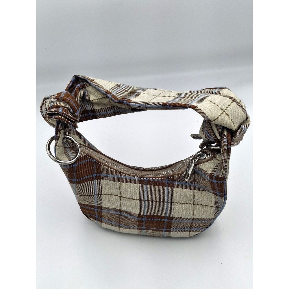 Plaid Brown & Beige Knot Handle Shoulder bag With Silver Hardware & Zipper